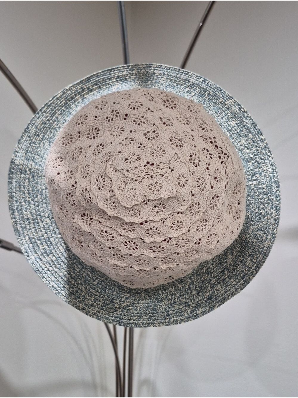 Galliano Sorbatti Italy Crochet & Paper Straw Bucket Sun Hat - Blue/Cream